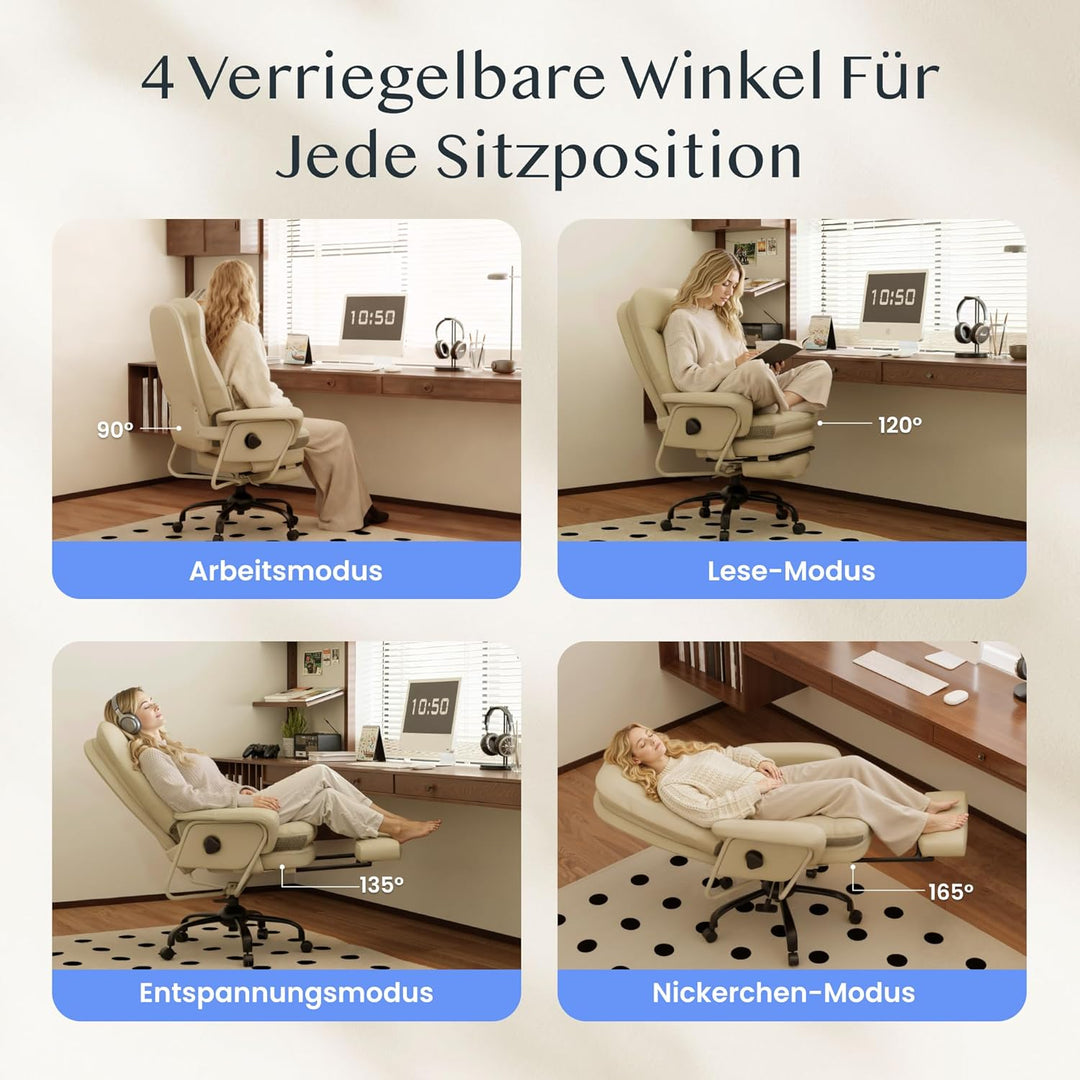 FLEXISPOT Ergonomischer Bürostuhl mit Fussstütze Chefsessel mit 160° Liegefunktion, Dickem PU-Komfor