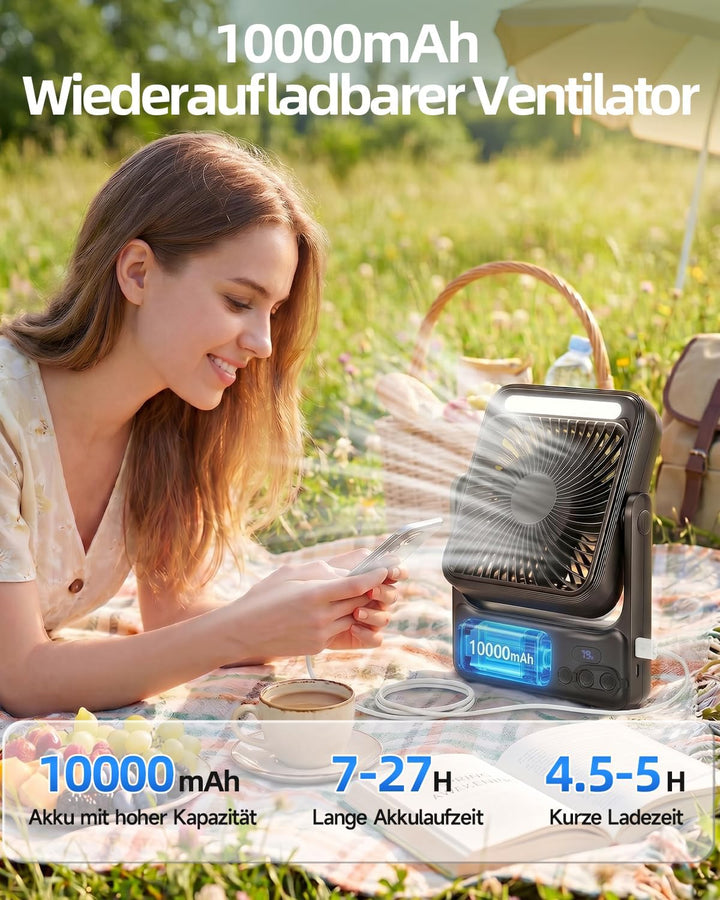 WOWDSGN 𝐌𝐚𝐠𝐧𝐞𝐭𝐢𝐬𝐜𝐡𝐞𝐫 Ventilator 𝟏𝟎𝟎𝟎𝟎𝐦𝐀𝐡 Akku, Tischventilator USB mit LED-Nachtlicht &amp; Haken, Power