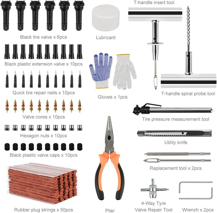 Reifen Reparatur Set Reifenreparaturset 120tlg Auto Reifen Reparaturset, mit Reifendruckmesser, Hand
