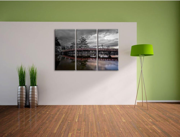 Pixxprint asiatischer Tempel an See als Leinwandbild/Grösse: 3 Teilig (120x80) cm/Wandbild/Kunstdruc