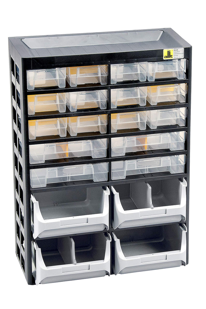 Allit 458160 Kleinteiledepot, schwarz, gelb, 16 Schübe, 4 Boxen, 14 Trenner, 16 Schübe, 4 Boxen, 14