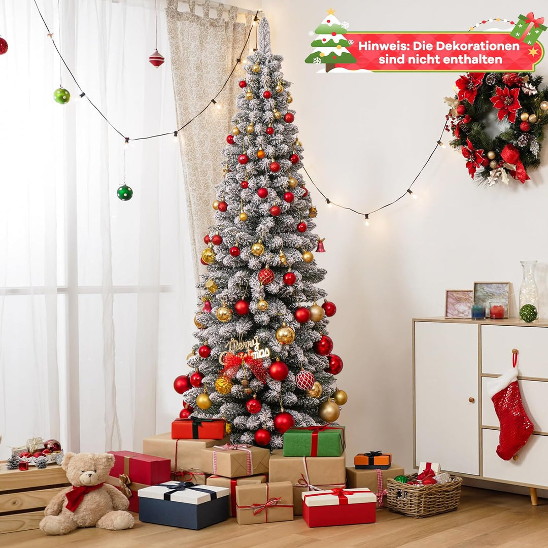 COSTWAY Künstlicher Weihnachtsbaum mit Schnee, 180 cm Bleistift Tannenbaum mit 460 Zweigspitzen & kl