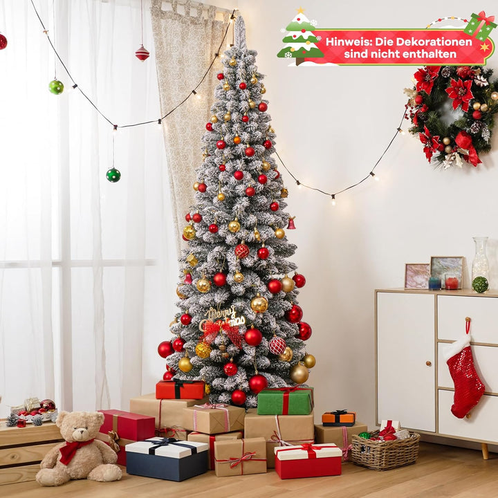 COSTWAY Künstlicher Weihnachtsbaum mit Schnee, 180 cm Bleistift Tannenbaum mit 460 Zweigspitzen & kl