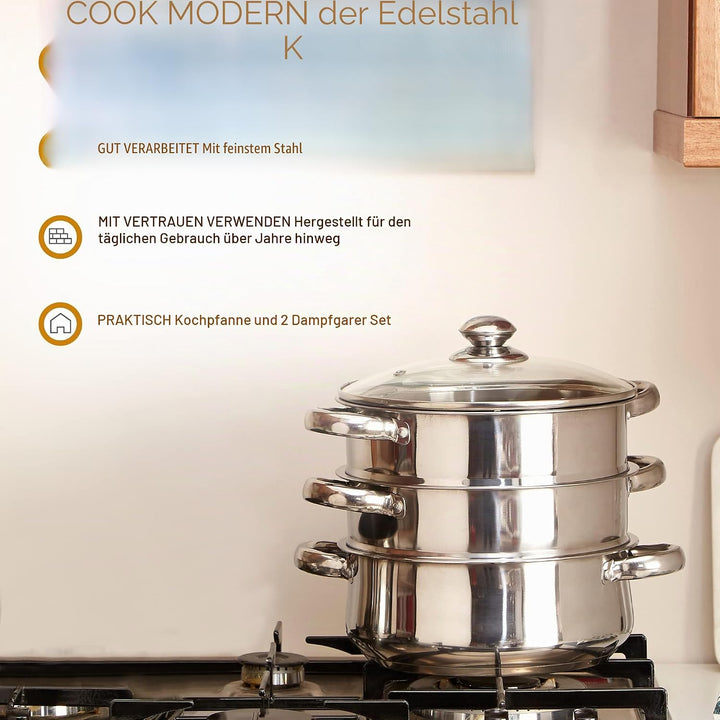 Premier Housewares Dampfgarer, Edelstahl, Glasdeckel, 28*22*22, Silver, 0408129 Dampfer, Dampfer