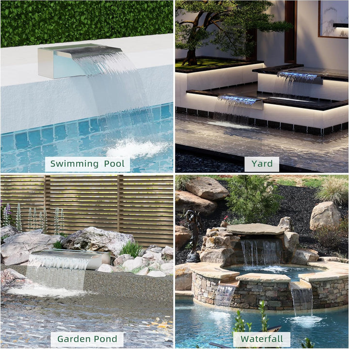 LONGRUN 23cm Teich-Wasserfall,304 Edelstahl Pool-Wasserfall mit Wasserpumpe,7 Farben Bluetooth LED G