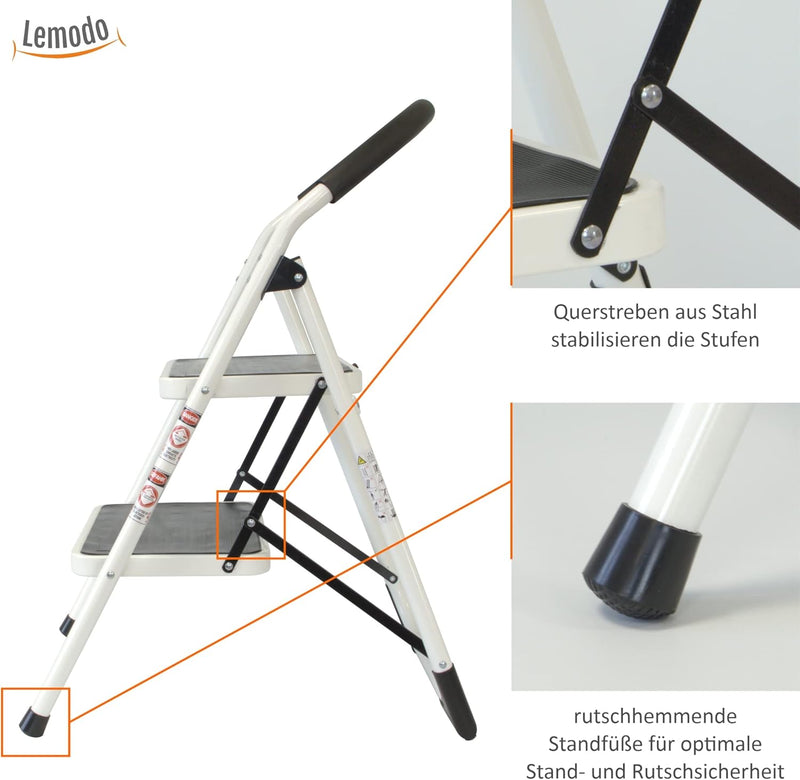 Stahl Klapptritt zusammenklappbar | 2 extra breite Stufen mit Anti-Rutsch-Matten | 84 cm Höhe | Trit