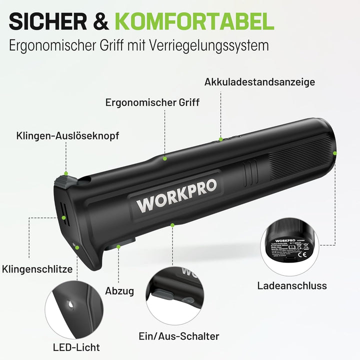WORKPRO Elektromesser 8V, Kabelloses Küchenmesser mit 2 Edelstahlklingen, Elektrisches Messer mit Ga