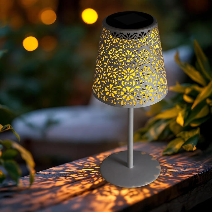 Solar Retro Tischleuchte aus Metall in weiss - 28 x 12 cm - Vintage Garten Tischlampe warm weiss - D