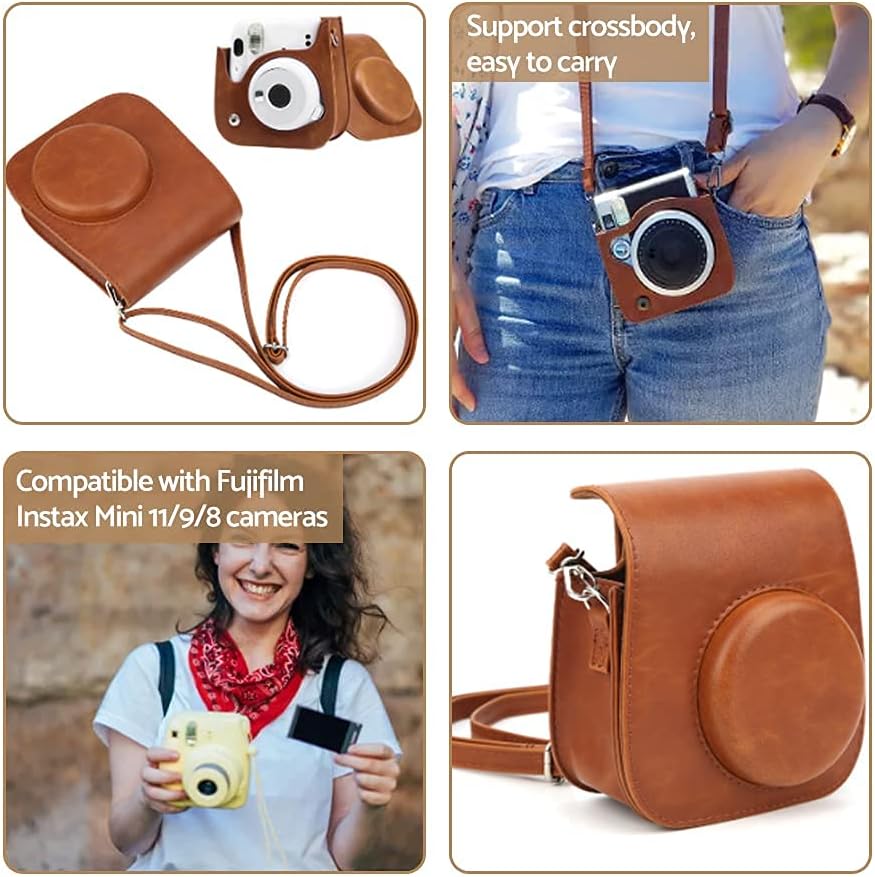 Sofortige Kameratasche, PU Vintage Kamera Umhängetasche Abnehmbare braune Sling Shell Tasche für die