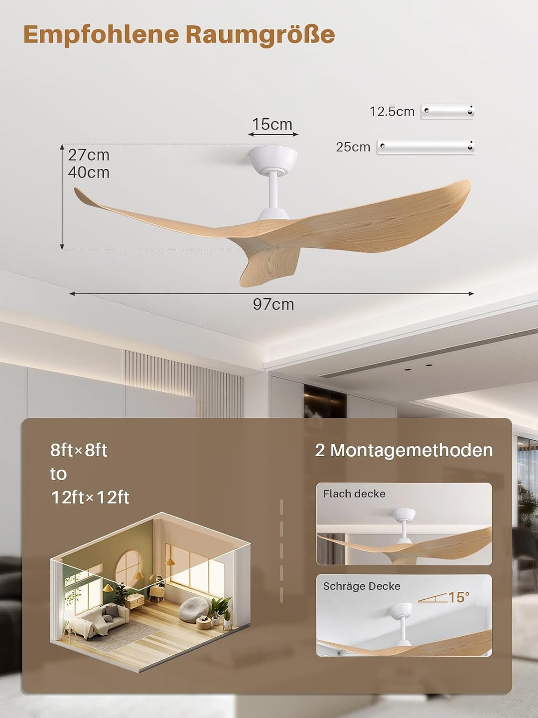 Sofucor 97cm Deckenventilator mit Fernbedienung, Leise Deckenventilator ohne Licht, DC Motor, Timer,