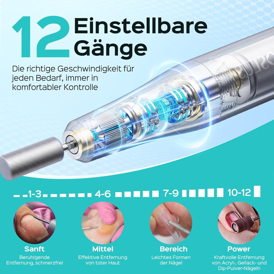 COSLUS C50 Nagelfräser Kabellose Elektrische Nagelfeile: 12-stufiger Nagelfräser mit LED-Display für