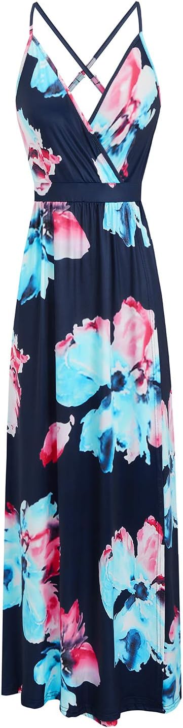 OUGES Damen Sommerkleid V-Ausschnitt Maxikleid Rückenfreies High Waist Spaghetti Strap Freizeitkleid