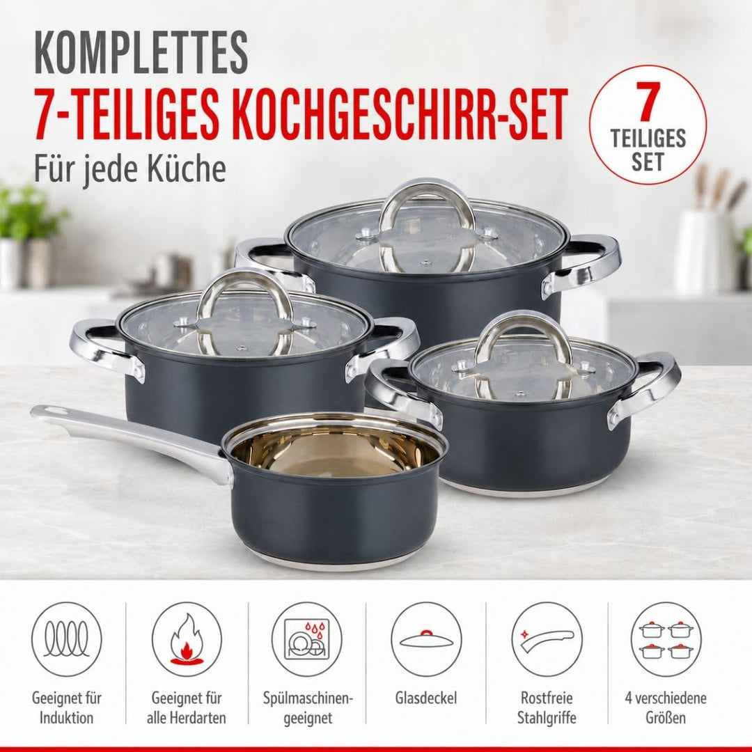 alpina Induktions-Topfset 4-teilig – Edelstahl Kochtöpfe mit Glasdeckel – Kochtopfset Geeignet für A