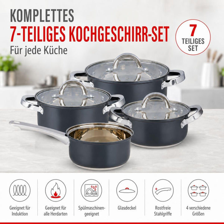 alpina Induktions-Topfset 4-teilig – Edelstahl Kochtöpfe mit Glasdeckel – Kochtopfset Geeignet für A