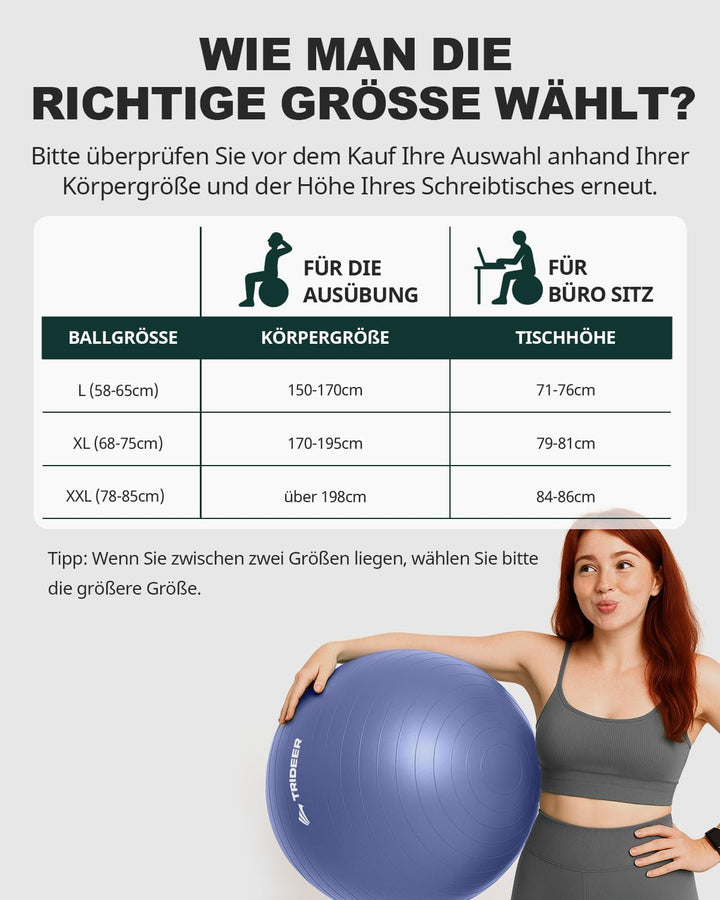 Trideer Gymnastikball – Sitzball, Pezziball &amp; Pilates Ball für Büro &amp; Rückentraining, Balance Ball f