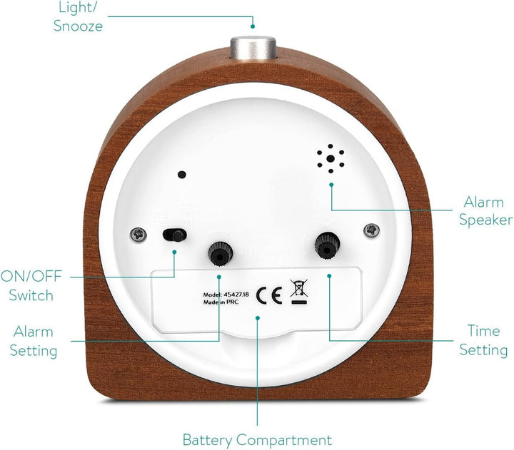 Navaris Analog Holz Wecker mit Snooze - Retro Uhr Halbrund mit Ziffernblatt Alarm Licht - Leise Tisc