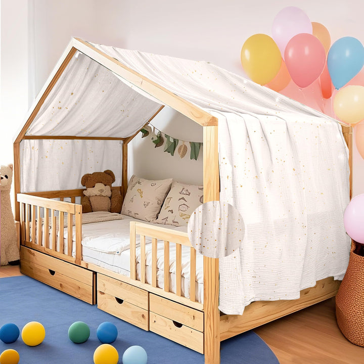 Home Bettbezug mit Goldener Applikation, handgefertigt aus 100% Baumwoll-Musselin, Stoffhimmel für d