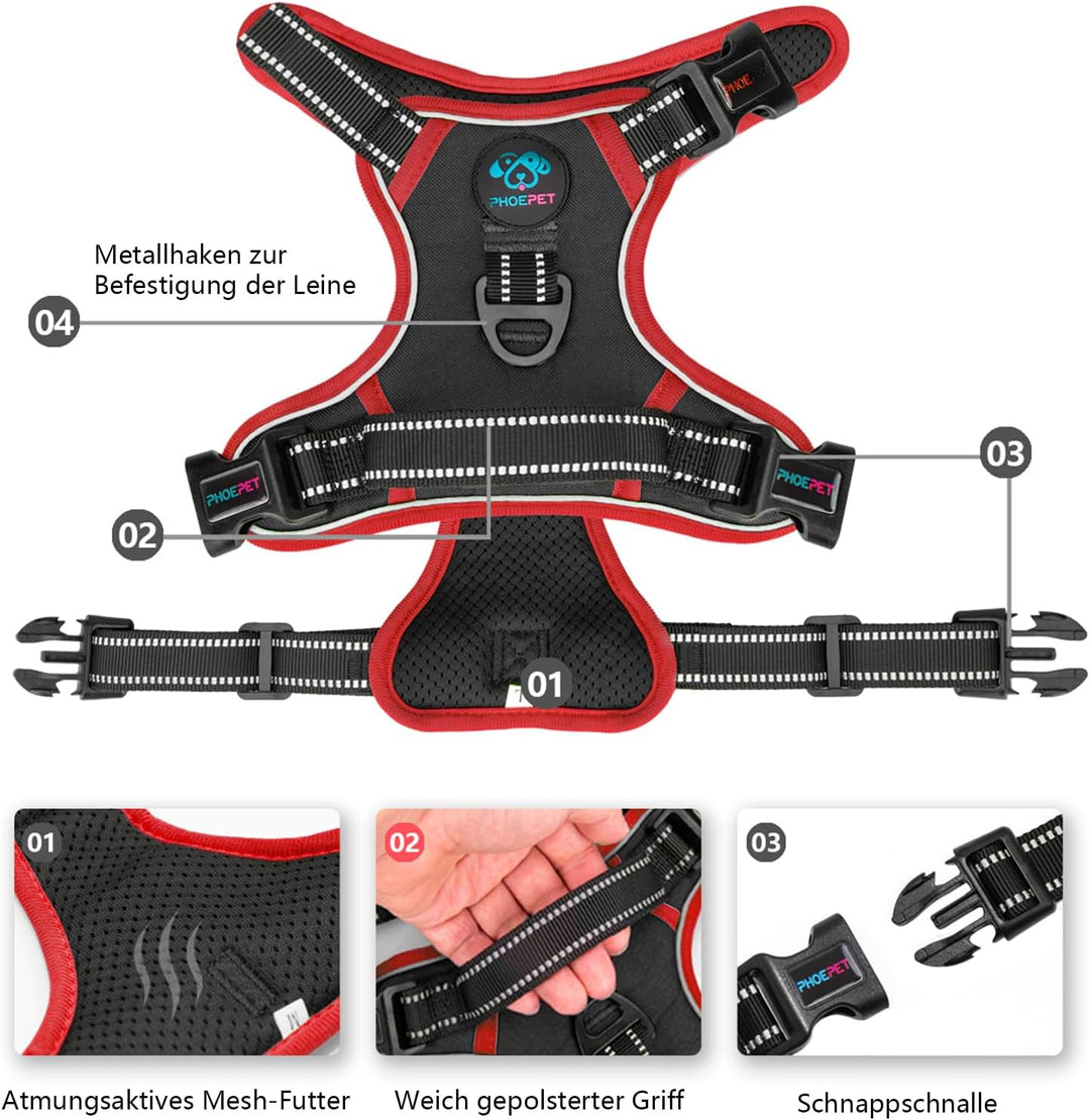 PHOEPET Verstellbares Sicherheitsgeschirr für mittlere und grosse Hunde mit gepolstertem Griff und r