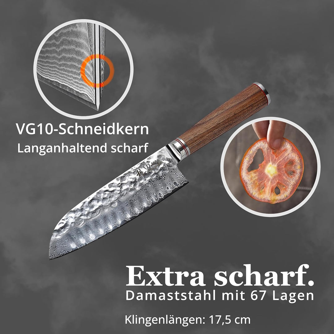 Wakoli Nussbaum Exklusives Premium Damast Santoku Messer 17,50 cm extrem scharfe Klinge I Profi Koch