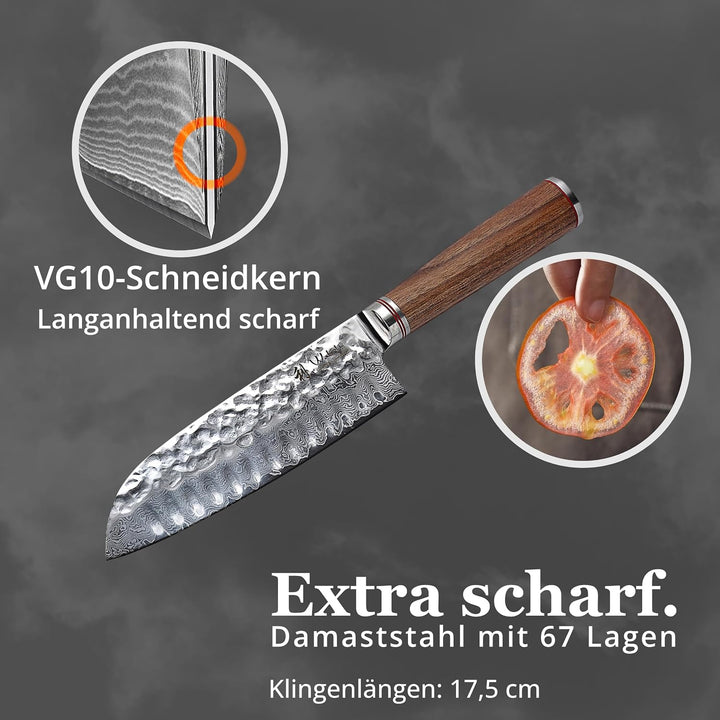 Wakoli Nussbaum Exklusives Premium Damast Santoku Messer 17,50 cm extrem scharfe Klinge I Profi Koch