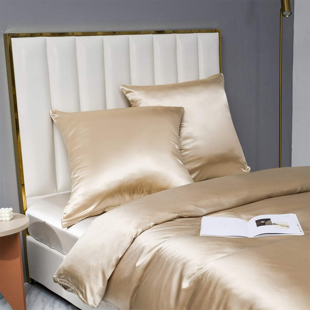 Damier Bettwäsche 155x220cm Beige Satin Uni Glatt Bettwäsche Set Deluxe Hochwertiges Deckenbezug mit