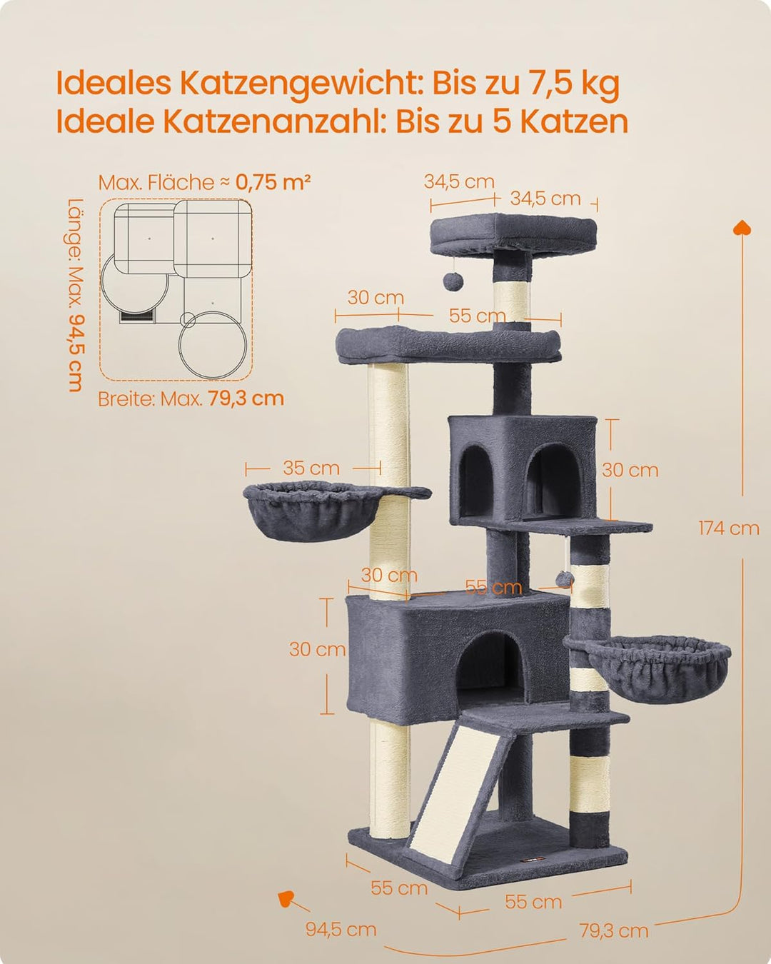 Feandrea Kratzbaum, 175 cm hoch, XL, mehrstöckiger Katzenbaum mit 2 Höhlen, 2 Liegemulden, 8 Kratzsä