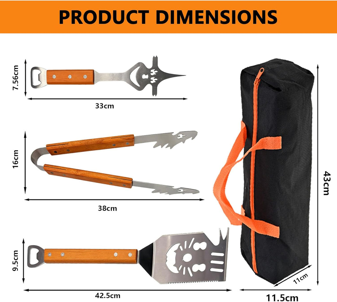 Grillbesteck Set 3-teilig Extra Lang – Edelstahl Grillbesteck mit Holzgriff & Tasche, Grillzubehör m