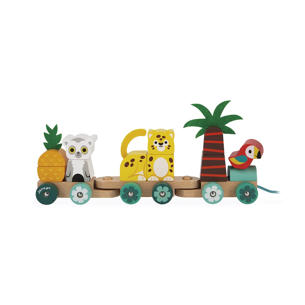 Janod - Tropischer Nachziehzug Tropik - Nachziehspielzeug aus Holz - 11 Teile + 3 Waggons - Lernspie