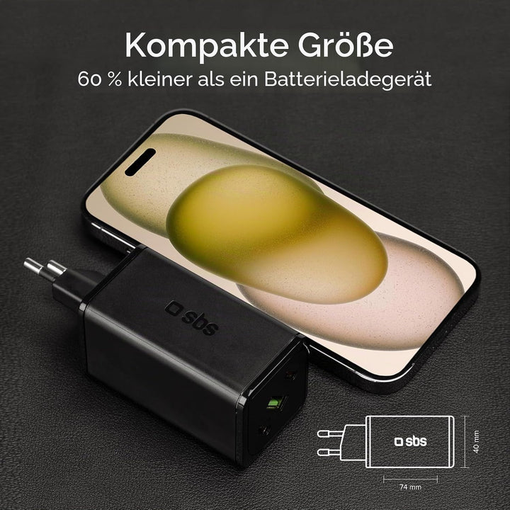 SBS Mehrport-Ladegerät 100W, 2 USB-C-Anschlüsse, 1 USB-A-Anschluss, GaN, Power Delivery, kompakt, id