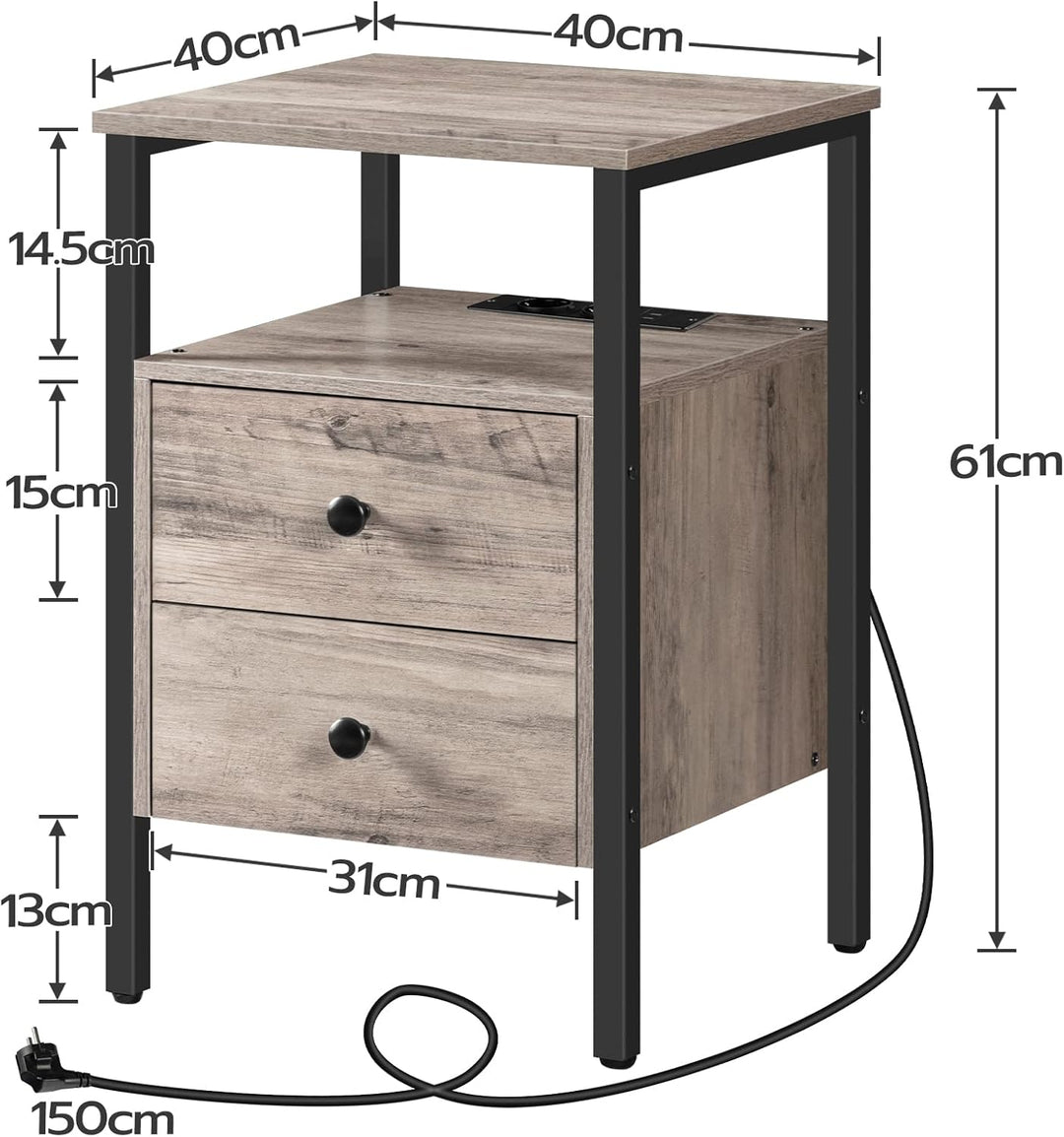 HOOBRO Nachttisch mit Ladestation, Beistelltisch, Sofatisch mit 2 Schubladen, Couchtisch mit USB-Ans