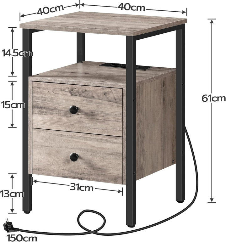 HOOBRO Nachttisch mit Ladestation, Beistelltisch, Sofatisch mit 2 Schubladen, Couchtisch mit USB-Ans