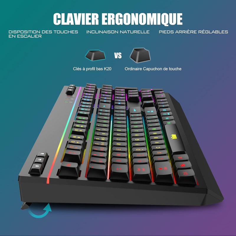 RedThunder K20 Kabellose Tastatur und Maus, wiederaufladbar, französisches AZERTY, RGB-Hintergrundbe