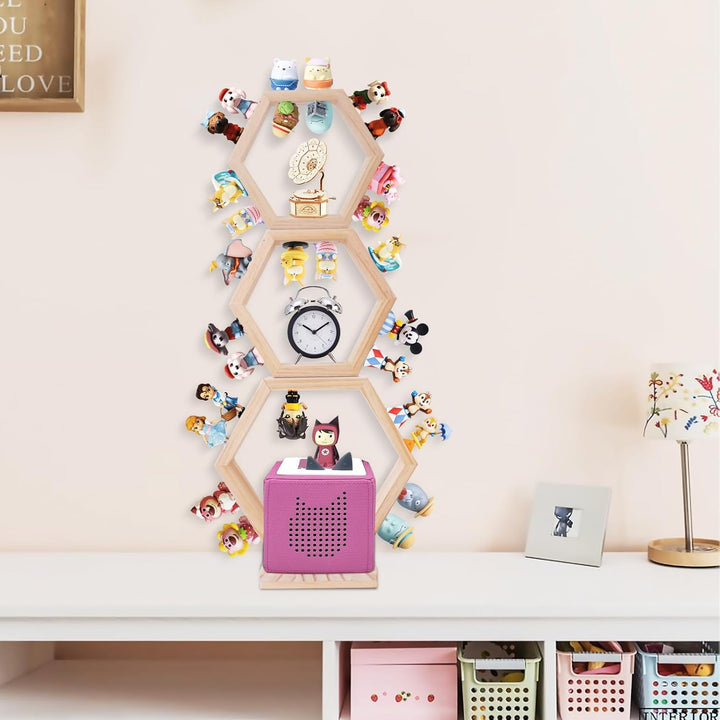 Tonie Shellf Hexagon for Toniebox Starter Tonie Shelf Wall Mounted Set of 3, Magnetic Wooden Floatin