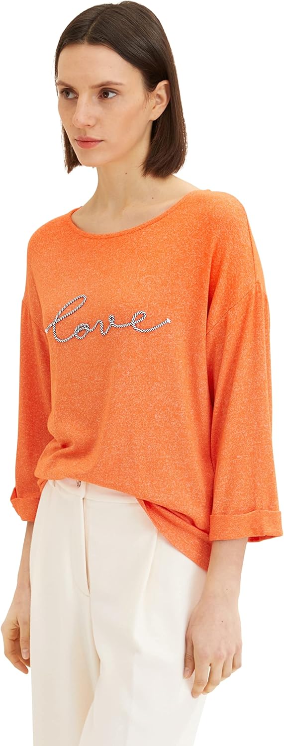 TOM TAILOR Damen T-Shirt mit Stickerei S 31140 - Fever Red Melange, S 31140 - Fever Red Melange