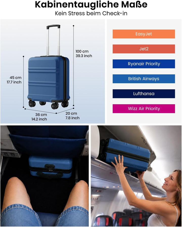 KONO Handgepäck Koffer EasyJet 45x36x20 ABS+PC Hartschale, Dunkelblau | Leichte Kabinenkoffer für Fl