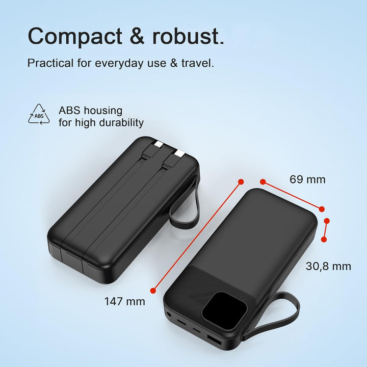 Powerbank 20.000 mAh Schwarz – 22,5 W Schnelllade-Powerbank mit PD 20W, integriertem USB-C- & Lightn