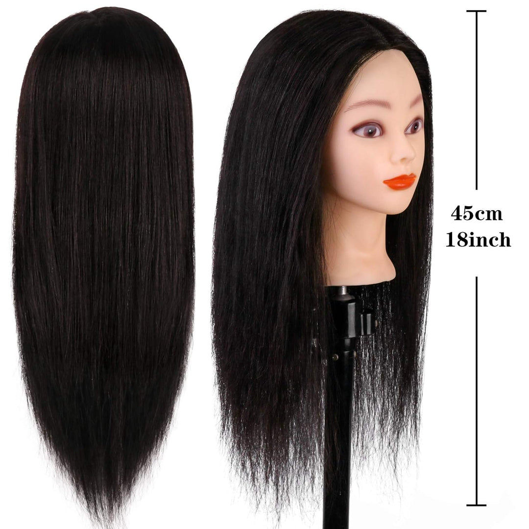 TwoWin 18" 45cm Trainingsköpfe 100% Echthaar Schwarz Kosmetologie Puppe Friseur Training Modell Mann