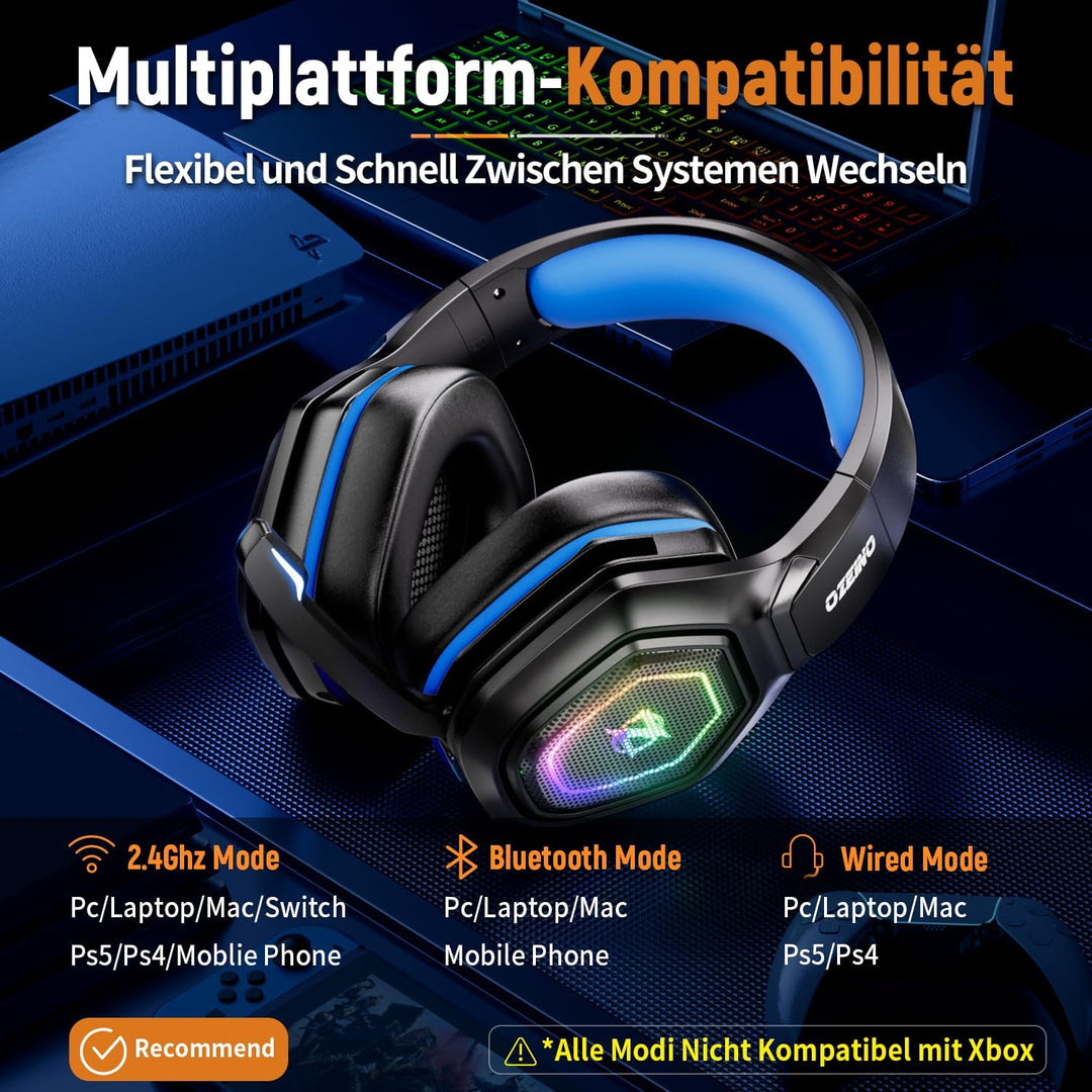 Ozeino Wireless Gaming Headset für PC/Ps4/Ps5 Gaming-Kopfhörer mit USB-A & USB-C Transmitter Gamer H