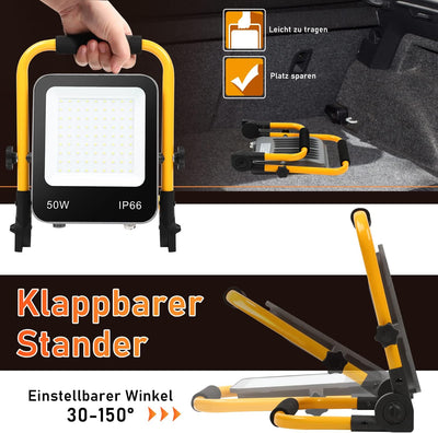 Randaco LED Baustrahler, 50W 5000LM Tragbar LED Arbeitsleuchte Baustrahler 6000K Kaltweiss Bauschein