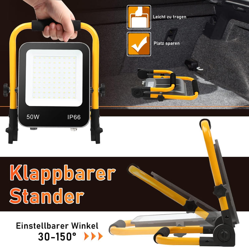 Ikodm LED Baustrahler, 50W 5100LM Arbeitsleuchte Strahler, IP66 Wasserdicht Tragbar Arbeitsscheinwer