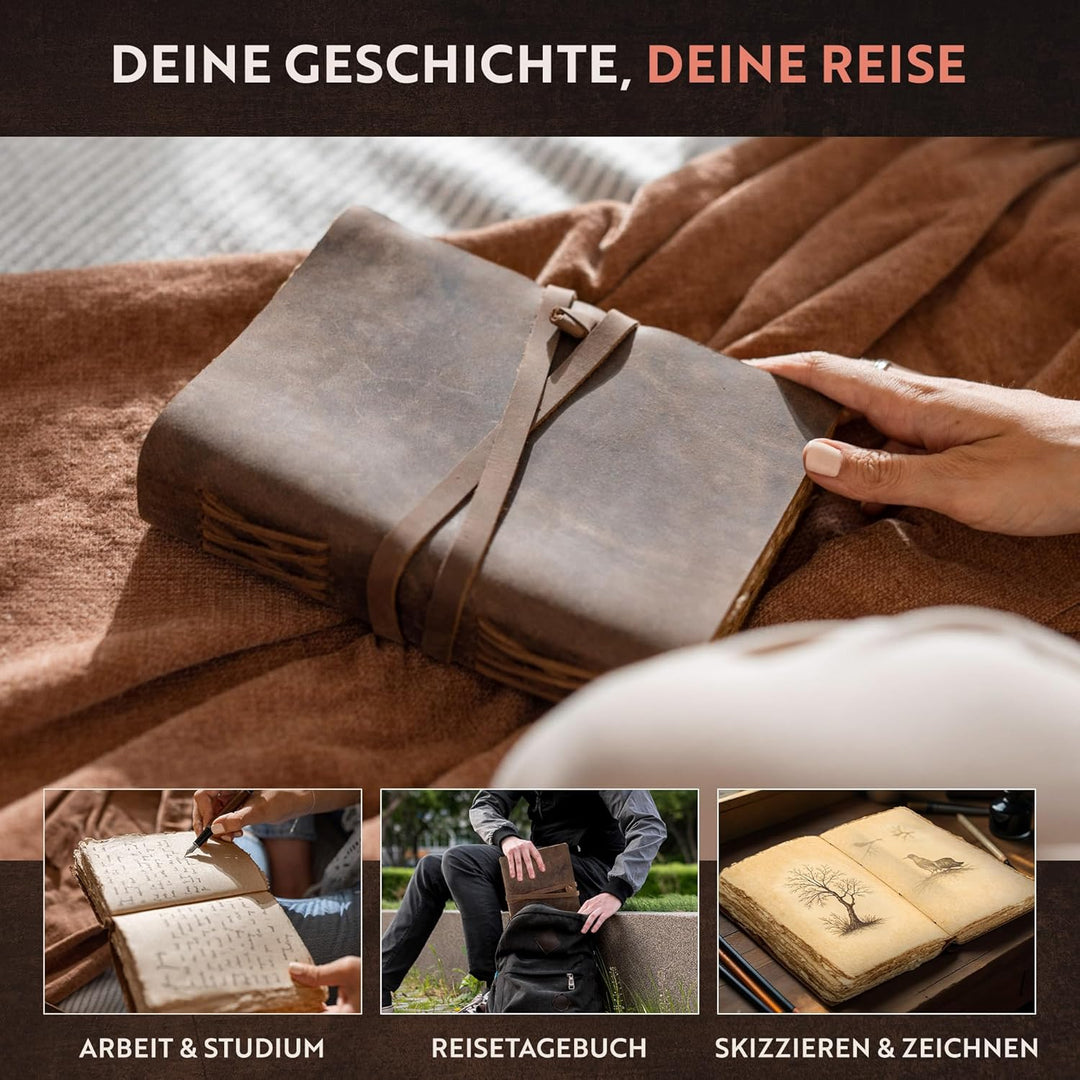 moonster Vintage Leder Notizbuch - 240 Seiten Holzfreies Baumwoll-Büttenpapier - Handgefertigtes Vin