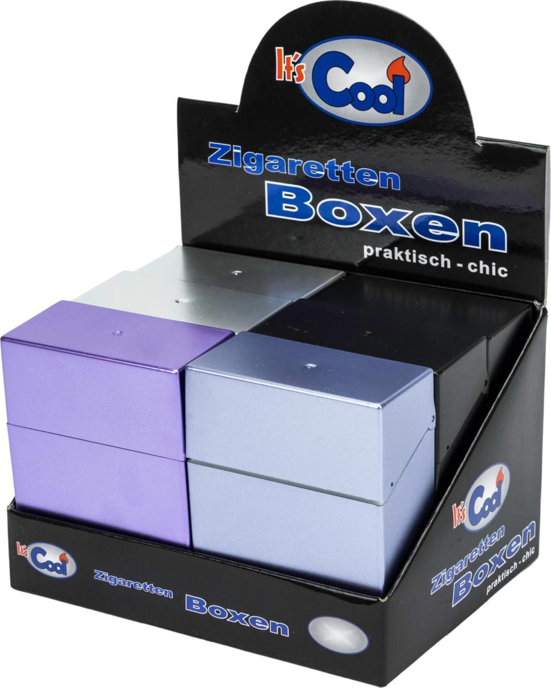 6 x Zigarettenbox XXL Gold + Silber + Blau + Violett bunt sortiert für je 30 Zigaretten Etui Kunstst