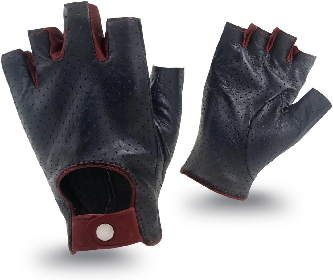 ZLUXURQ Herren-Lederhandschuhe Vollmaschige Fingerlose Halbfinger-Fahrhandschuhe Large-9.5" Schwarz