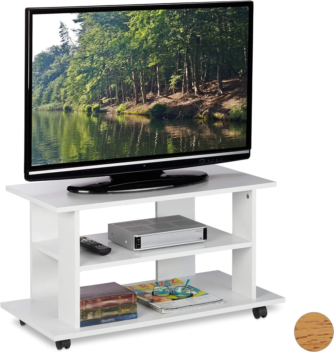 Relaxdays TV Board mit Rollen, 2 Fächer für Fernseher, Konsole & Receiver, fahrbarer Fernsehtisch, H
