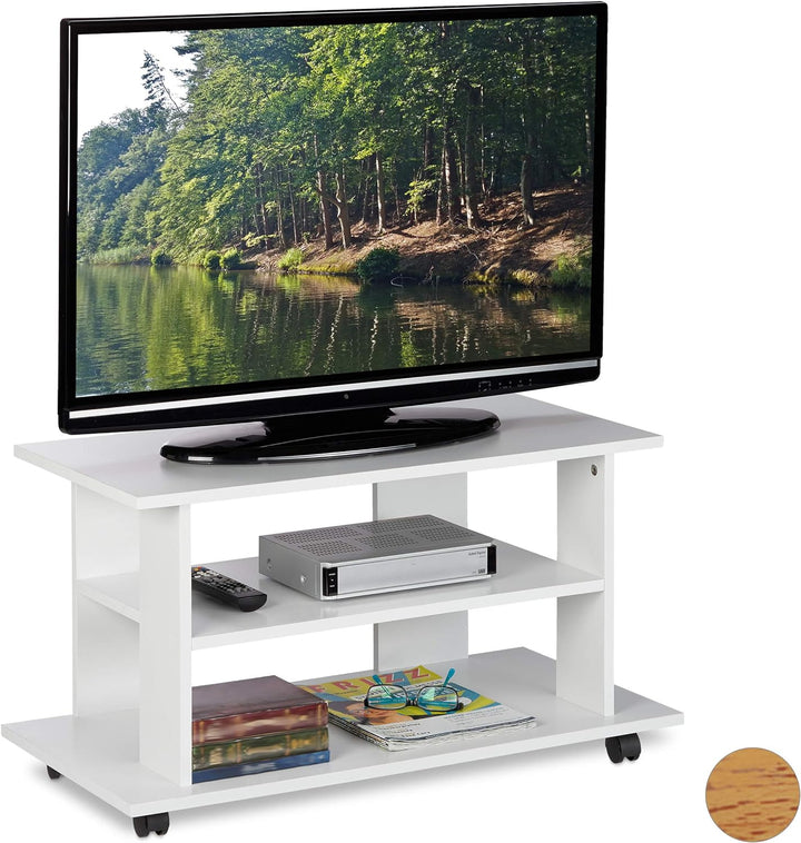 Relaxdays TV Board mit Rollen, 2 Fächer für Fernseher, Konsole & Receiver, fahrbarer Fernsehtisch, H