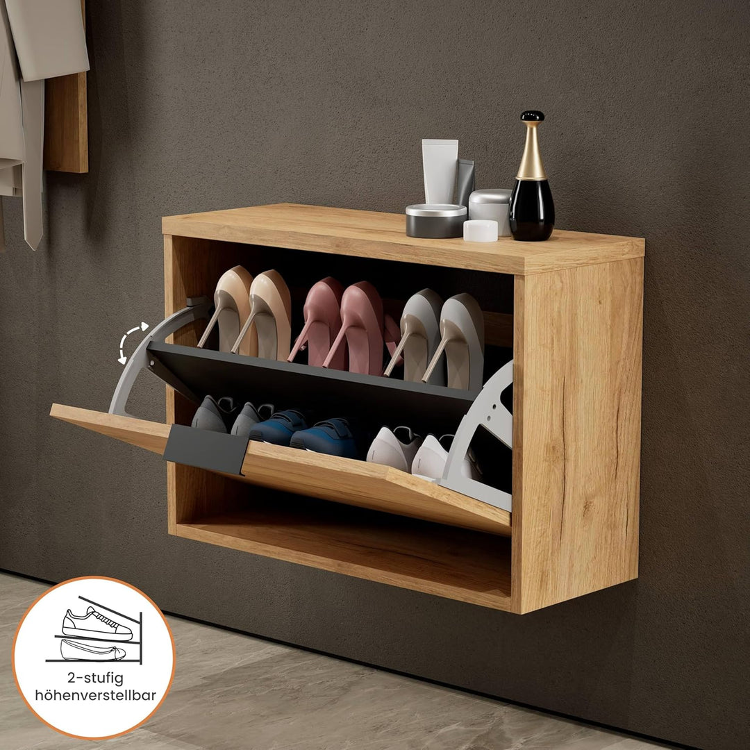 Planetmöbel Schuhschrank schmal mit 1 Klappe platzsparender Schuhregal mit 2 Ablagen, Schuhkommode f