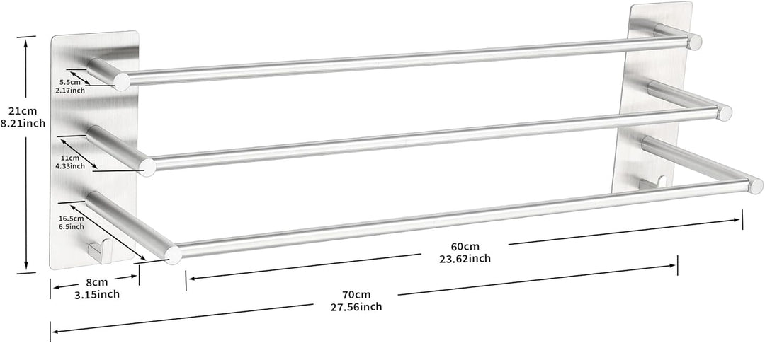 ALOCEO Handtuchhalter 3-armig Selbstklebend 60 cm, SUS304 Edelstahl Wandmontage für Bad & Küche, Ohn