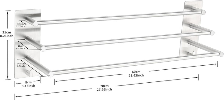 ALOCEO Handtuchhalter 3-armig Selbstklebend 60 cm, SUS304 Edelstahl Wandmontage für Bad & Küche, Ohn