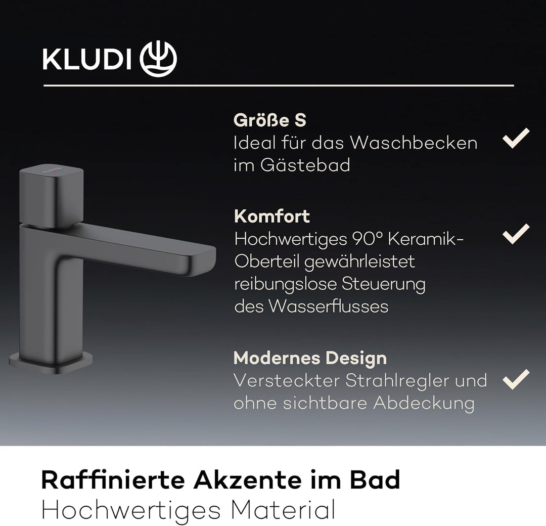 KLUDI-X3 Waschtischarmatur Kaltwasser, Auslaufhöhe 80 mm, wassersparender Wasserhahn Bad Schwarz Mat
