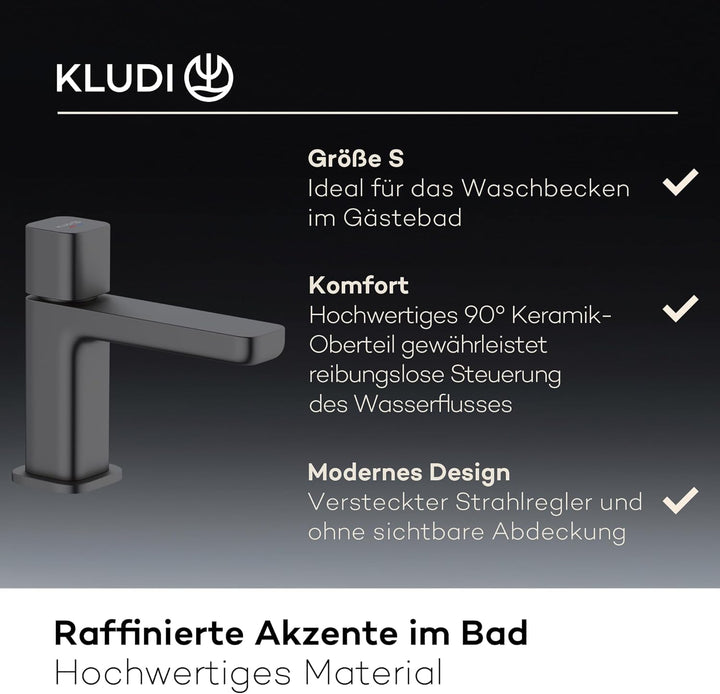 KLUDI-X3 Waschtischarmatur Kaltwasser, Auslaufhöhe 80 mm, wassersparender Wasserhahn Bad Schwarz Mat